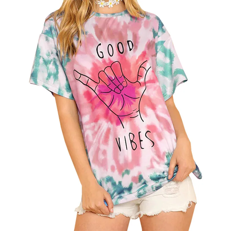 Women Tie Dye Letter Print T Shirt Female Short Sleeve O-Neck Casual Loose Good Vibe Ladies Tops&Tees S-XL camiseta mujer
Women Tie Dye Letter Print T Shirt Female Short Sleeve O-Neck Casual Loose Good Vibe Ladies Tops&Tees S-XL camiseta mujer
