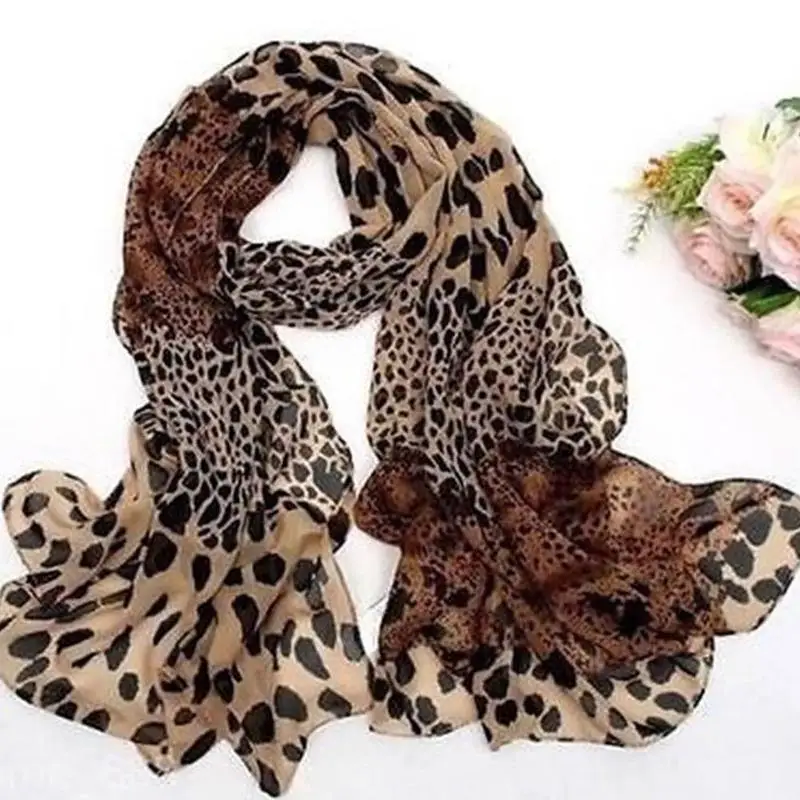 Женская длинная мягкая шаль шелковая шифоновая с леопардовым принтом