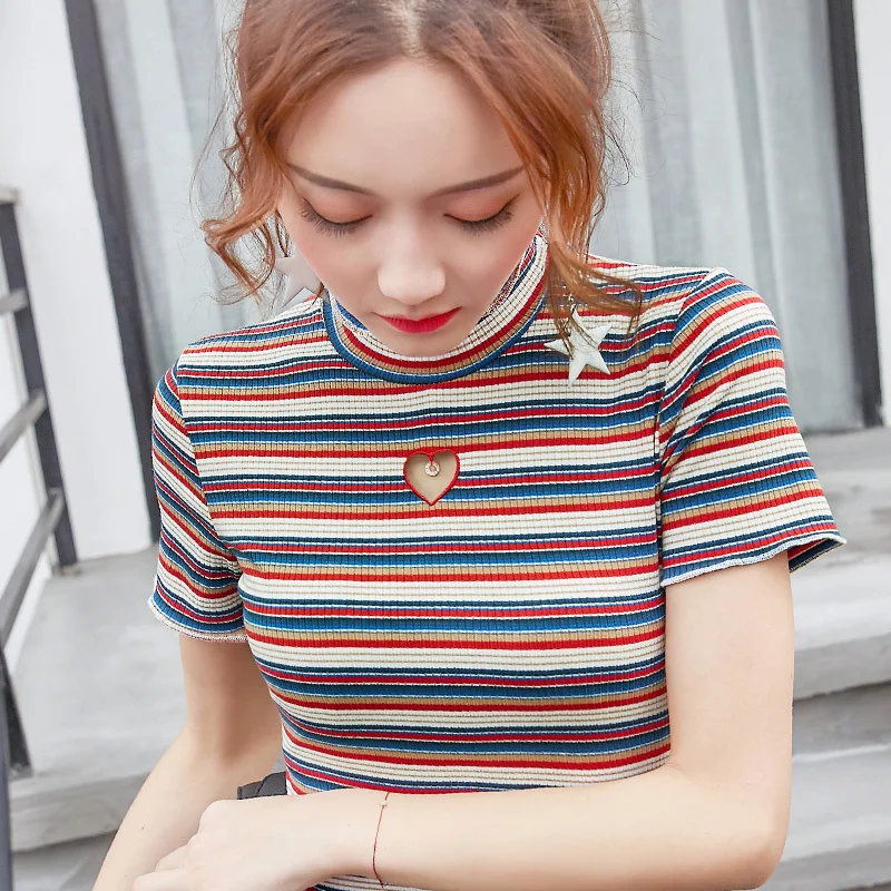 Harajuku Ruffled Heart Hollow Out Tshirt Female Striped Embroidery T shirt Women Summer New Short Sleeve Top Tee T-shirt Mujer
Harajuku Ruffled Heart Hollow Out Tshirt Female Striped Embroidery T shirt Women Summer New Short Sleeve Top Tee T-shirt Mujer