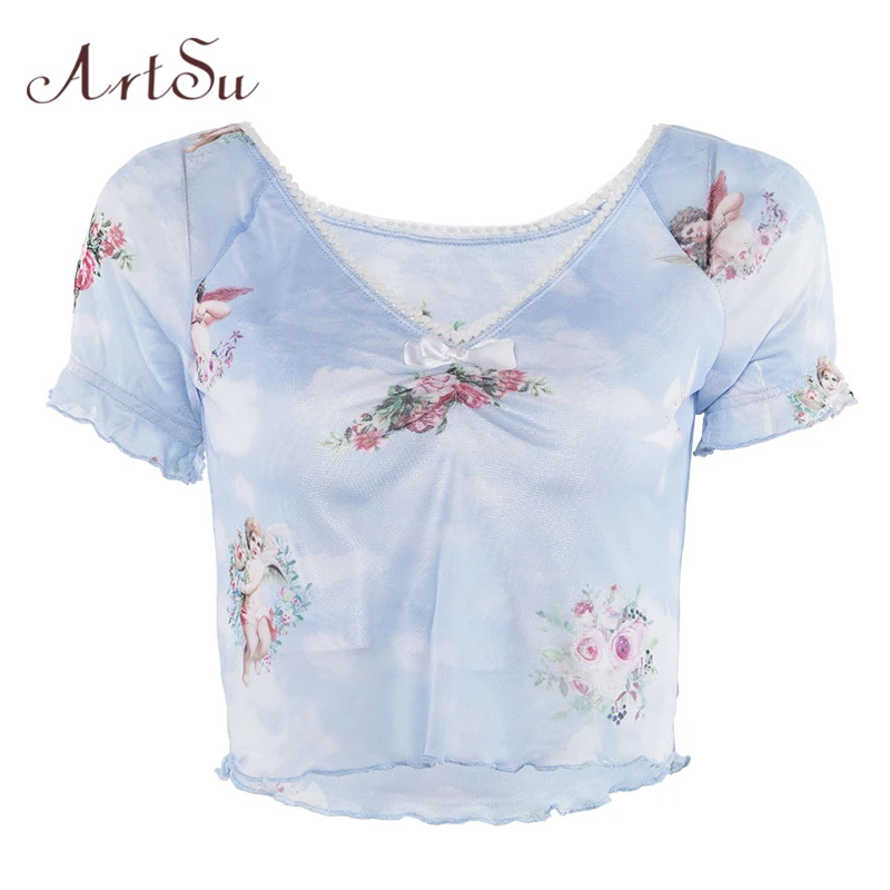 ArtSu Angel Printed Tshirt Short Sleeve V neck Crop Top Woman Shirts Casual Bow Kawaii Vogue T shirt Blue Camisas ASTS20714
ArtSu Angel Printed Tshirt Short Sleeve V neck Crop Top Woman Shirts Casual Bow Kawaii Vogue T shirt Blue Camisas ASTS20714