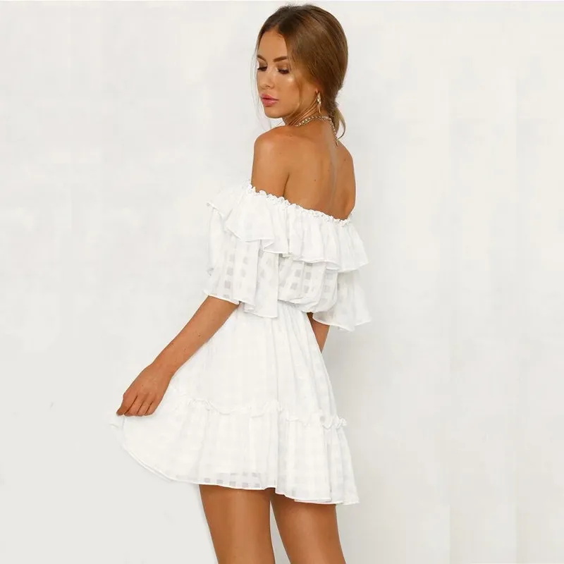 yinlinhe Off Shoulder Summer Dress Short Sleeve Lace Up Sexy Plaid Women Dress Backless Slim Waist Elegant Ruffles Vestidos 8