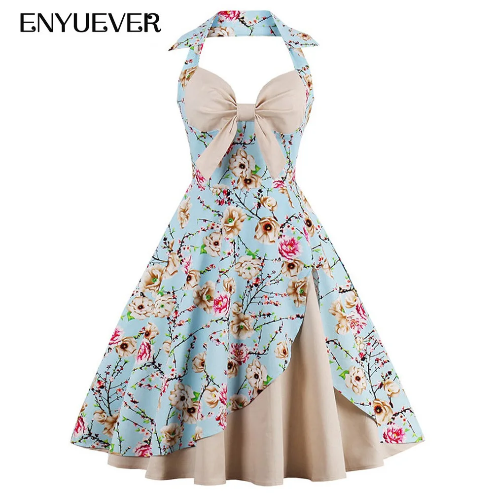 Enyuever Vintage Dress Summer Casual Halter Retro Swing Bow Floral Print Patchwork Rockabilly Dress Plus Size Feminino Vestidos
Enyuever Vintage Dress Summer Casual Halter Retro Swing Bow Floral Print Patchwork Rockabilly Dress Plus Size Feminino Vestidos