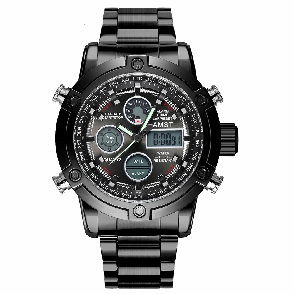 AMST Brand Men Stainless Steel Strap Sport Quartz Watch Led Digital 50M Waterproof Dual Display Army Military Wristwatches
AMST Brand Men Stainless Steel Strap Sport Quartz Watch Led Digital 50M Waterproof Dual Display Army Military Wristwatches