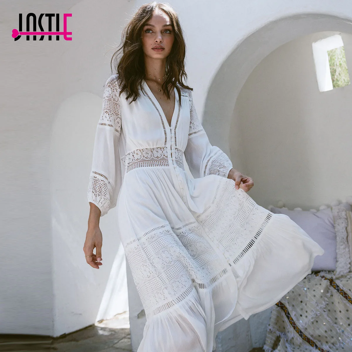 Jastie Boho Crochet Floral Lace Midi Dress V-Neck Button Closures Sexy Tunic Long Dress Summer Dresses Bohemian Beach Vestidos
Jastie Boho Crochet Floral Lace Midi Dress V-Neck Button Closures Sexy Tunic Long Dress Summer Dresses Bohemian Beach Vestidos