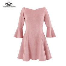 Bella filosofía 2019 otoño invierno nuevo slash cuello off hombro volantes manga mujeres skater vestido rosa imitación gamuza(China)
