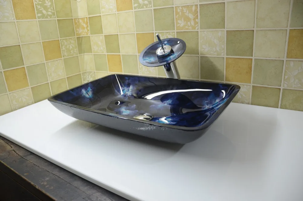 

Bathroom Rectangular Tempered Glass Above Counter Wash Basin Cloakroom Counter Top Blue Vessel Sink HX9001