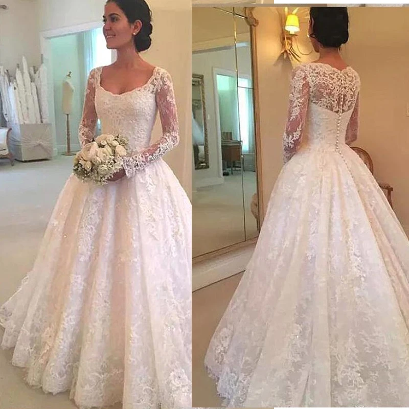 Beautiful Cheap long sleeves White Ivory Lace champagne tulle A li'ne Wedding Dresses Bridal Gowns vestido de noiva 2019 | Свадьбы и