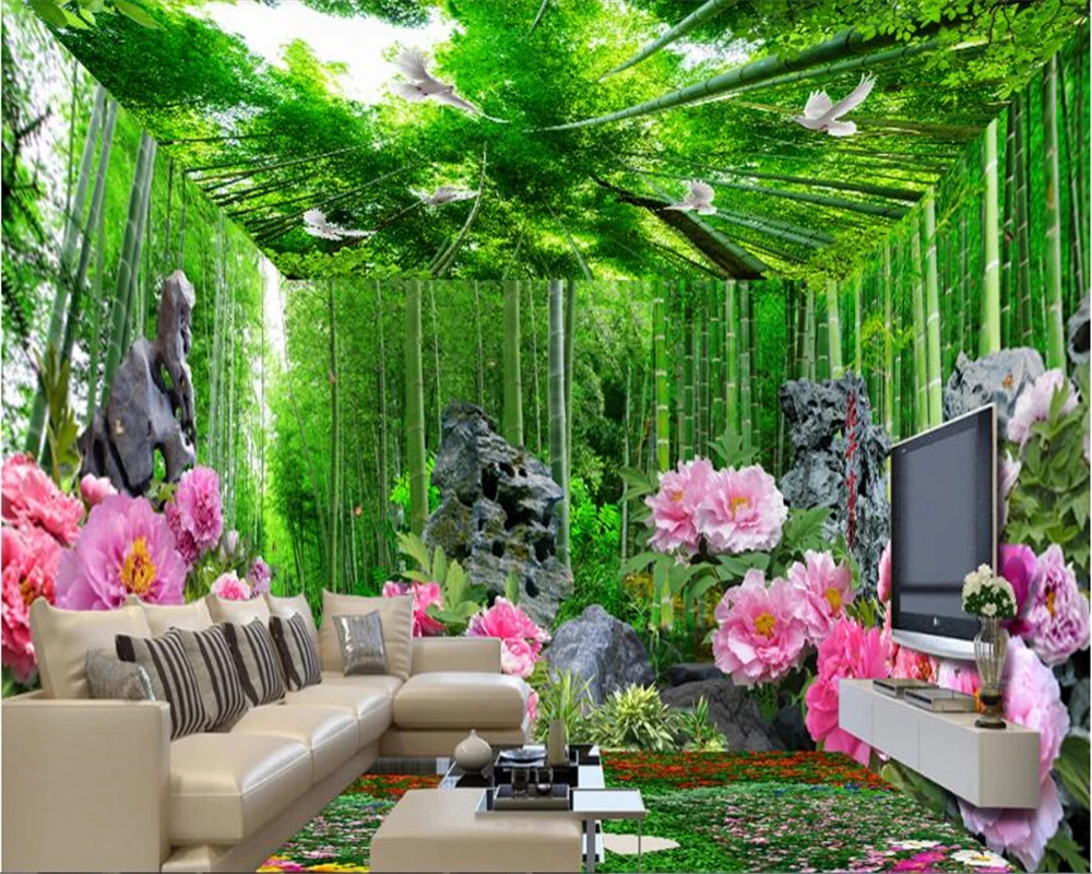 

beibehang Fresh bamboo forest peony fashion large three-dimensional wall paper full house theme space background 3d wallpaper