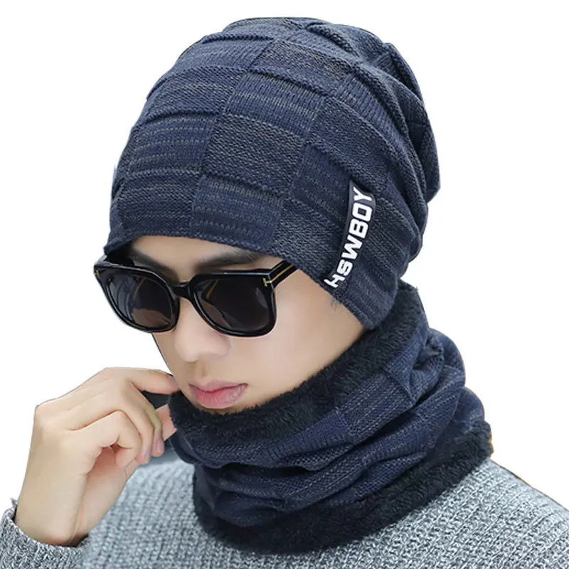 

Neck warmer knitted hat scarf set fur Wool Lining Thick Warm Knit beanies balaclava Winter Hat For men women Cap Skullies bonnet