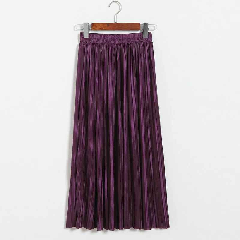 Lustrous pleated skirt metallic mid-length skirt for women of fall 2017 new Korean style joker long skirt (27)