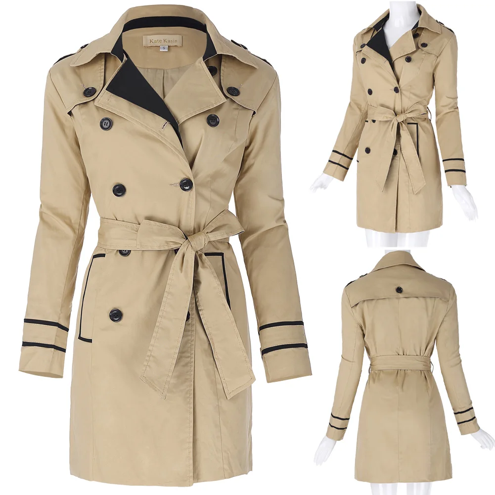Doble Slim Caqui Mujeres Clásico Solapa Trinchera Compre Cuello Fit yv0nNOmw8