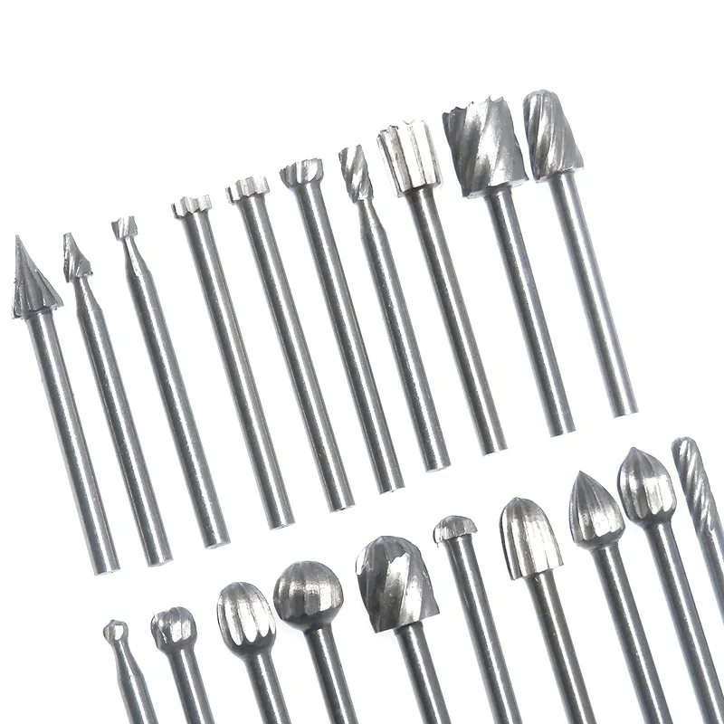 

20pcs HSS Rotary Burrs File Grinder 3mm Shank Rotary Rasp Drill Bits Woodworking Carving Burrs Milling Cutter Engraving Tool