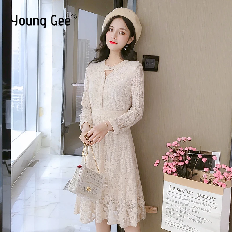 Young Gee Sweet Autumn Women Beige Pink Lace Floral Dress Long Sleeve Slim Trunic Casual Knee-length Party Dresses vestidos
Young Gee Sweet Autumn Women Beige Pink Lace Floral Dress Long Sleeve Slim Trunic Casual Knee-length Party Dresses vestidos