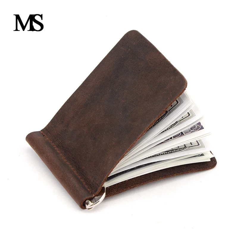 Image New Arrival Crazy Horse Leather Money Clips Genuine Leather 2 Folded Open Clamp For Money With Coin Pocket TW2306 1