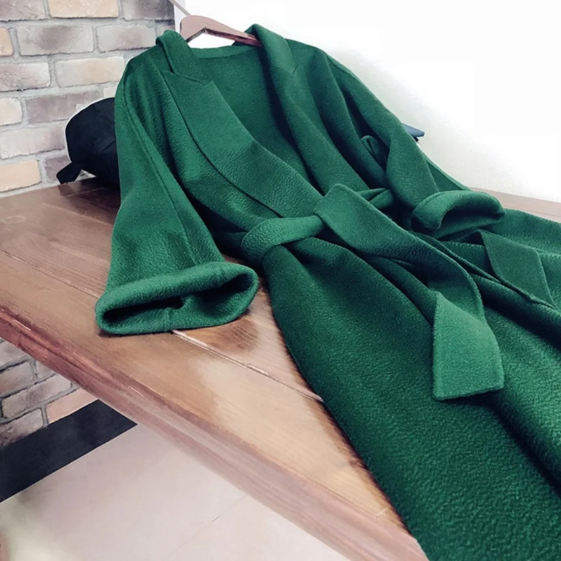 

2019 women's autumn winter fashion LUXURY HIGH END cashmere wool Water ripple belted coat trench x long emerald