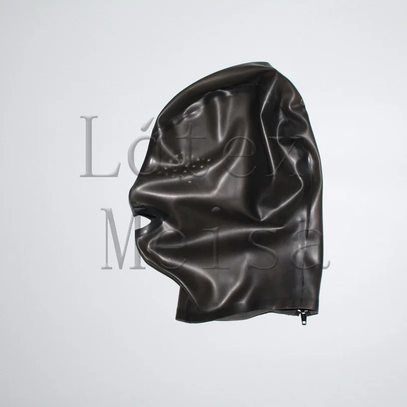 Transparent black Latex hoods mesh eyes rubber head masks open nostrils and mouth with back zip
Transparent black Latex hoods mesh eyes rubber head masks open nostrils and mouth with back zip