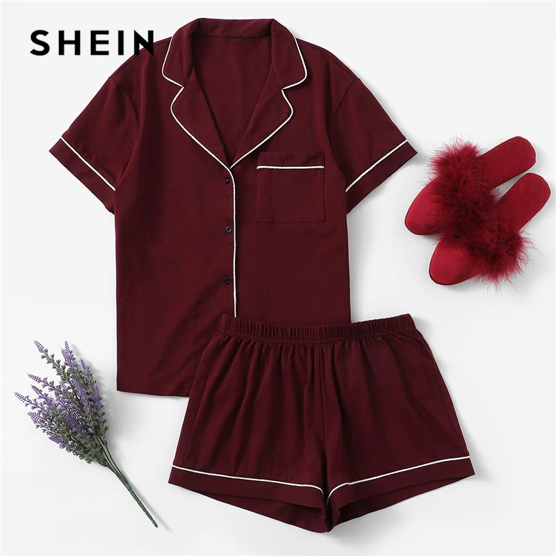 

SHEIN Burgundy Contrast Piping Pocket Front Shirt And Shorts PJ Set Women Plain Button Short Sleeve Casual 2019 Nightwear