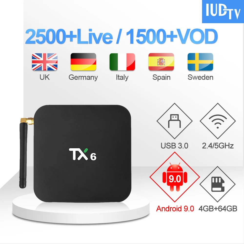 1 Year IUDTV IPTV Code TX6 UK Swedish IPTV Subscription 4G 64G Android 9.0 TV Box German Spain IPTV Italy Greece India IP TV
1 Year IUDTV IPTV Code TX6 UK Swedish IPTV Subscription 4G 64G Android 9.0 TV Box German Spain IPTV Italy Greece India IP TV