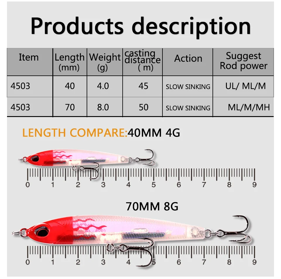 Kingdom Fishing Lures Slow Sinking Pencilm,Minnow Bait Size 70mm 8g,40mm 4g Lead Inside Wobblers Hard Lure model 4503 (2)