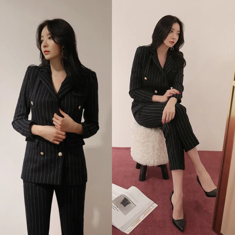 High quality fabric ladies suit pants set 2019 new office stripes long sleeve double row small suit female slim pants two sets
High quality fabric ladies suit pants set 2019 new office stripes long sleeve double row small suit female slim pants two sets