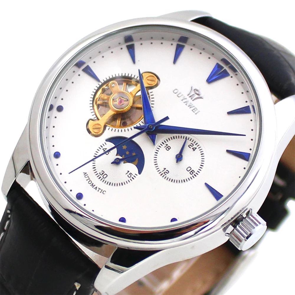 

OUYAWEI Automatic Mechanical watch men Fashion Leather Wristwatch Moon Phase Mens Wrist Watches Male Clock relogio masculino