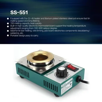 Proskit 150W Solder Pot Tin Melting Soldering Desoldering Bath Furnace 100-600 degree Fast Heating Adjustable Temp Welding Tool
Proskit 150W Solder Pot Tin Melting Soldering Desoldering Bath Furnace 100-600 degree Fast Heating Adjustable Temp Welding Tool