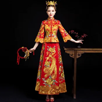 

Oriental Red Chinese Traditional Wedding Dress Women Phoenix Embroidery Cheongsam Qipao Evening Gown China Bride Traditions