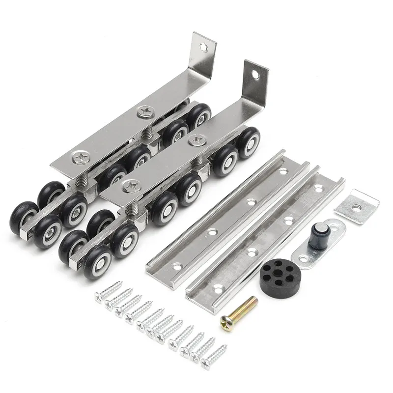Image MTGATHER 1 Pair set Cold Rolled Steel Sliding Wooden Door Closet Hardware Kit Door Wheels Roller 12 Wheels Hangers Roller