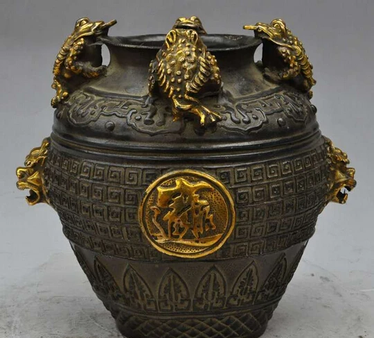 xd 002416 9"old china fengshui bronze gilt Golden Toad foo dog lion statue jar Tanks Crock