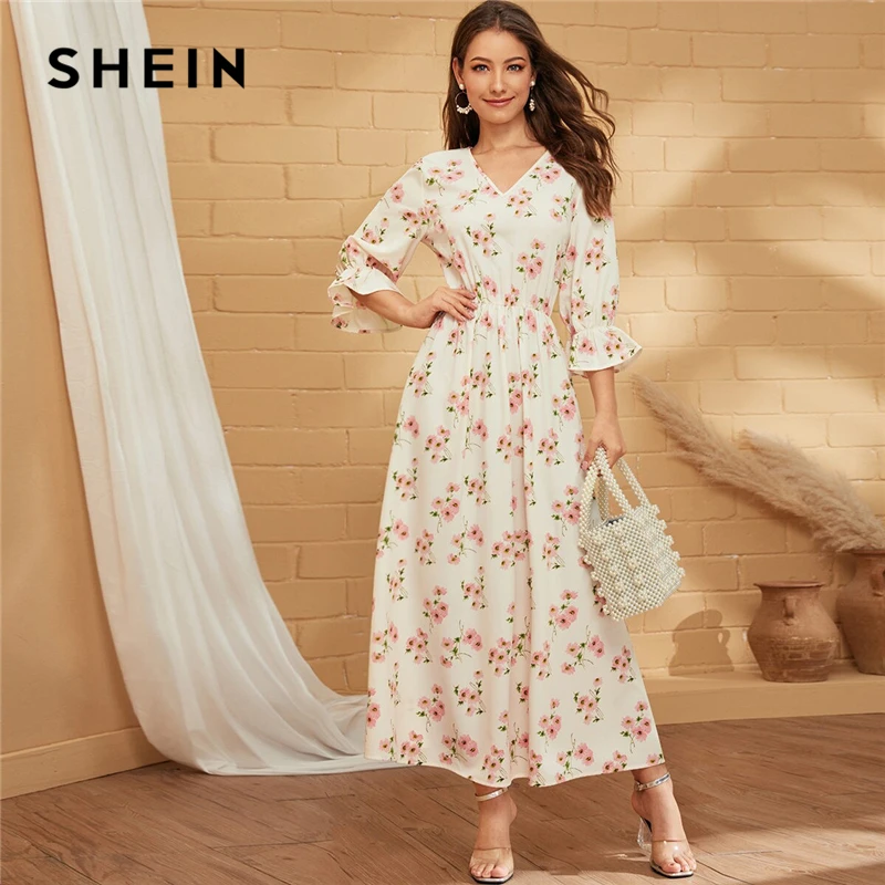 

SHEIN White V Neck Floral Print A Line Boho Long Dress Women Holiday Autumn Flounce Sleeve Ruffle Flared Elegant Maxi Dresses