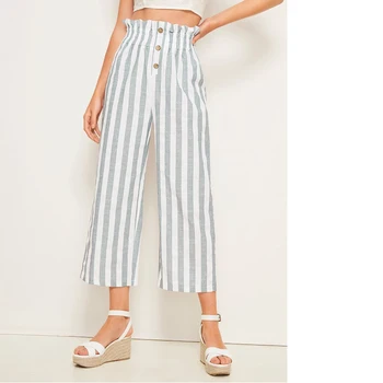 Women High Waist Stripe Wide Leg Pants Ankle Length Trousers Button Elastic Waist Casual Loose Trousers Pants Capris
Women High Waist Stripe Wide Leg Pants Ankle Length Trousers Button Elastic Waist Casual Loose Trousers Pants Capris