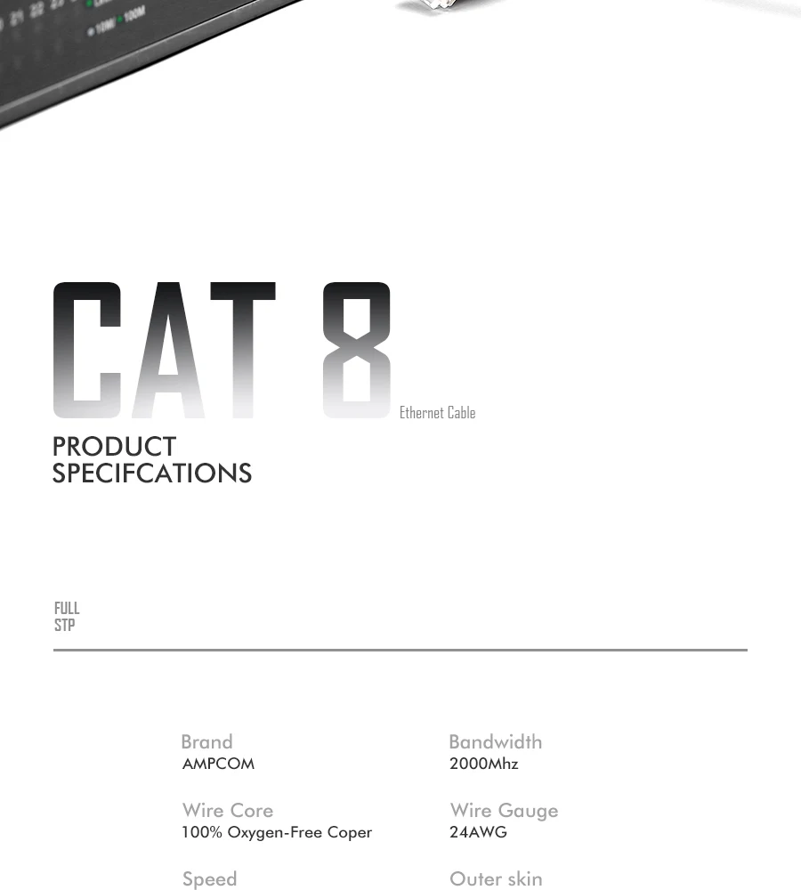 AMPCOM S/FTP CAT8 Ethernet Cable, High Speed Patch Cable 10Gbps, 25Gbps, 40Gbps with Gold Plated RJ45 Connector AMPCOM S/FTP CAT8 Ethernet Cable, High Speed Patch Cable 10Gbps, 25Gbps, 40Gbps with Gold Plated RJ45 Connector