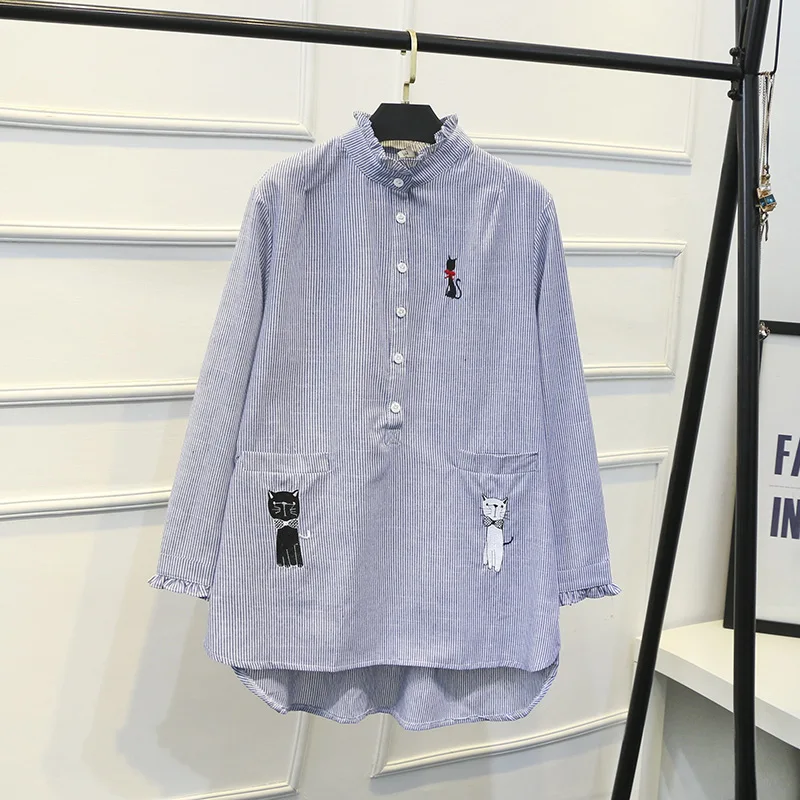 Ubetoku 2018 Autumn Winter women long blouse lady sleeve shirts cute cat embroidery plus size fashion stripe tops |