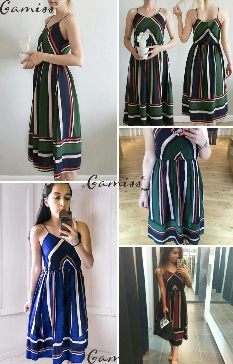  Multi Striped High Waist Spaghetti Strap Midi Dress