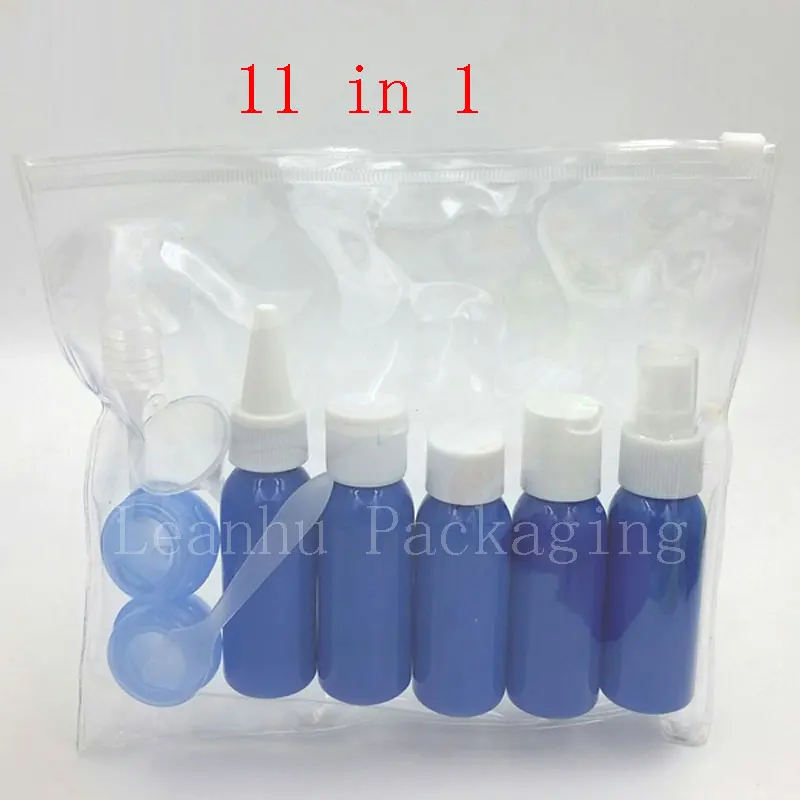 travel size bottles set for cosmetics packaging 11pc/set ,blue plastic travel bottles kit ,30ml lotion cream spray bottles 1 oz