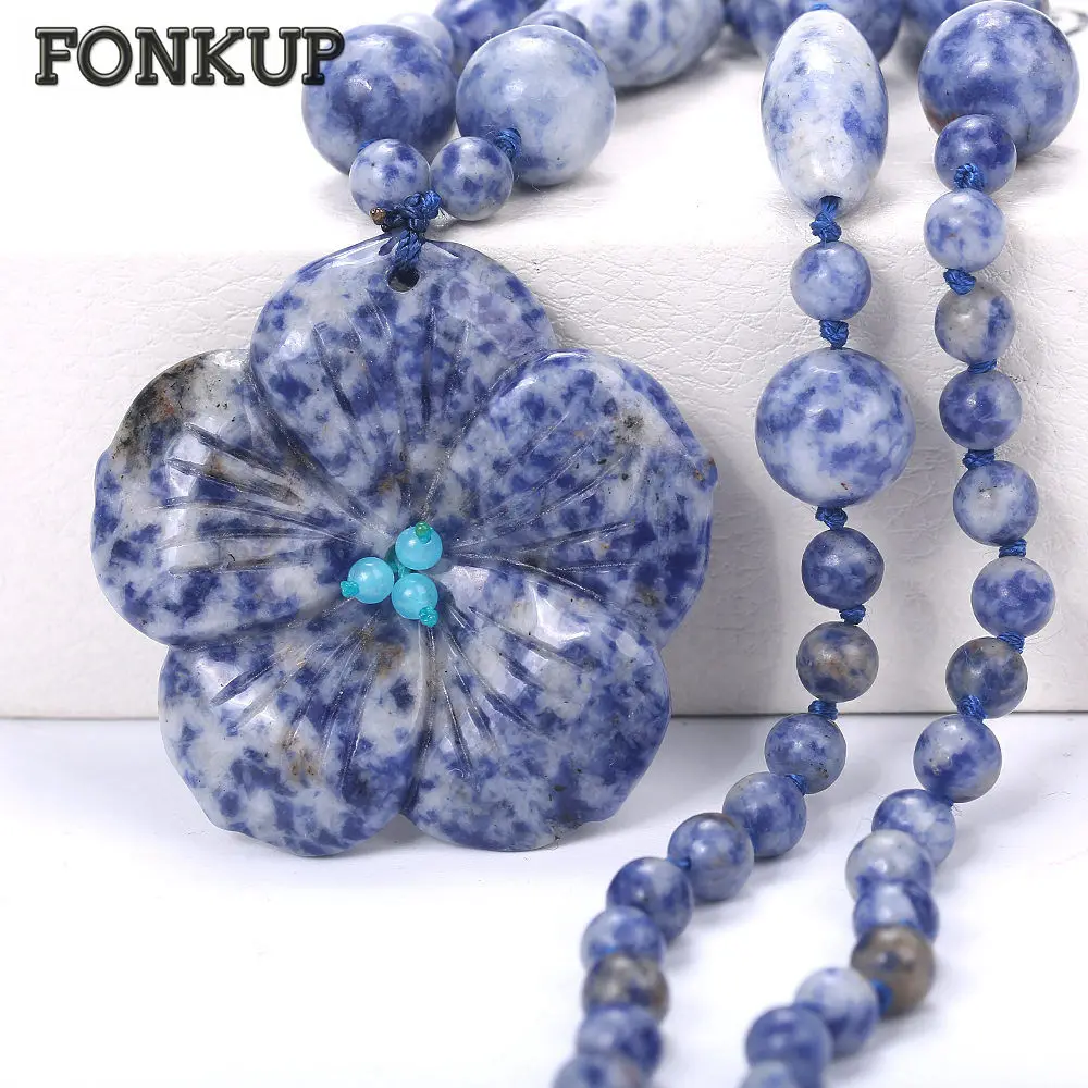 Fonkup Blue Veinstone Necklace Power Stone Bead Chain Women Pendant Jewelry Ethnic Men Long Accessories Romantic Female Gioielli | Украшения