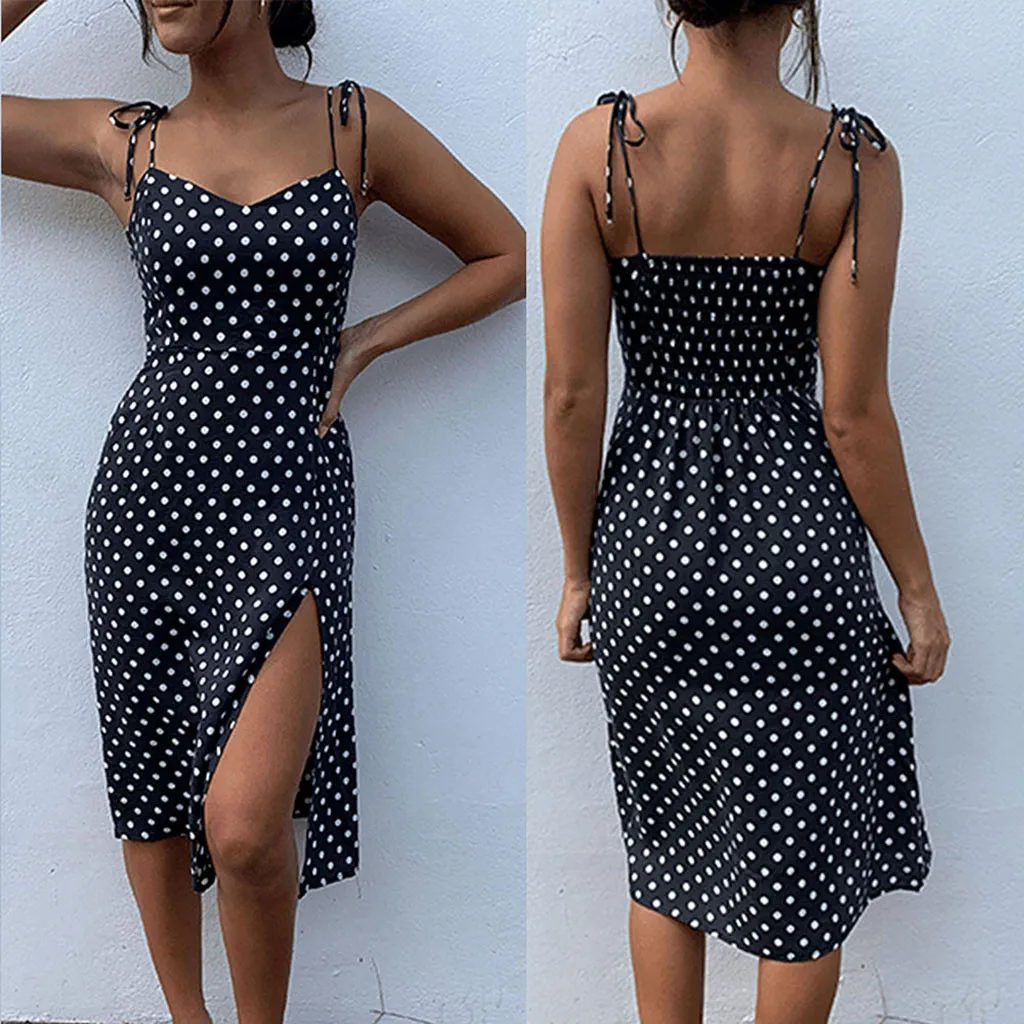 Women Casual Polka Dot Sleeveless High Pleated elastic waist V-Neck Beach Dress JKP4289