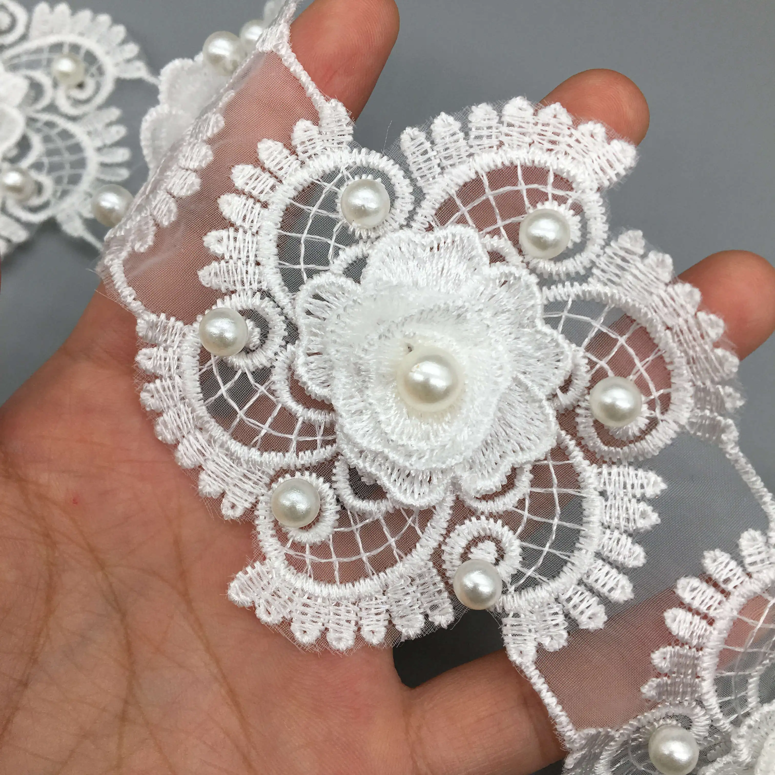 10x 3D Yellow Flower Pearl Lace Edge Trim Wedding Ribbon Applique Sewing Craft