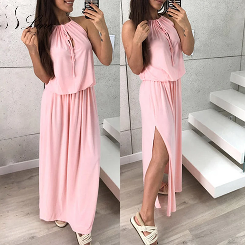 Summer hot women's clothing Sexy suspender halter female dress Solid color waist hem split long loose dress Youthful sexy dress
Summer hot women's clothing Sexy suspender halter female dress Solid color waist hem split long loose dress Youthful sexy dress