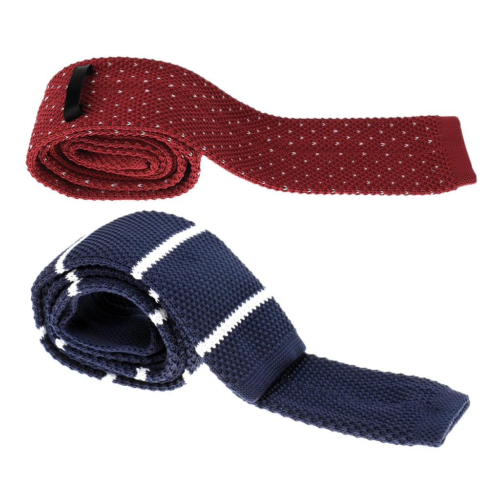 Pack of 2 Pieces Retro Men Wool Knitted Flat Woven Tie Red Blue Wedding Party Necktie