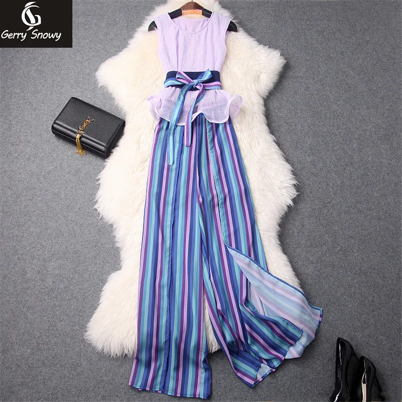 2018 Summer new perspective to receive the waist sleeveless top + Colorful stripes wide-legged pants suit 2 piece set women
2018 Summer new perspective to receive the waist sleeveless top + Colorful stripes wide-legged pants suit 2 piece set women