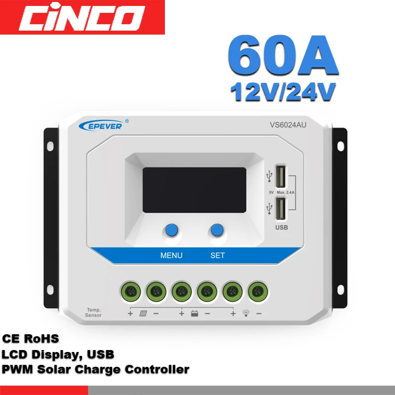 VS6024AU 60A 12V/24V epsolar solar controller LCD display 5VDC doubel USB output
VS6024AU 60A 12V/24V epsolar solar controller LCD display 5VDC doubel USB output