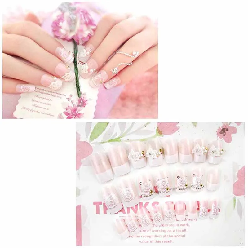 Фото 24 шт./компл. розовые свадебные ногти невесты с клеем цветы блестящие 3D Стразы со