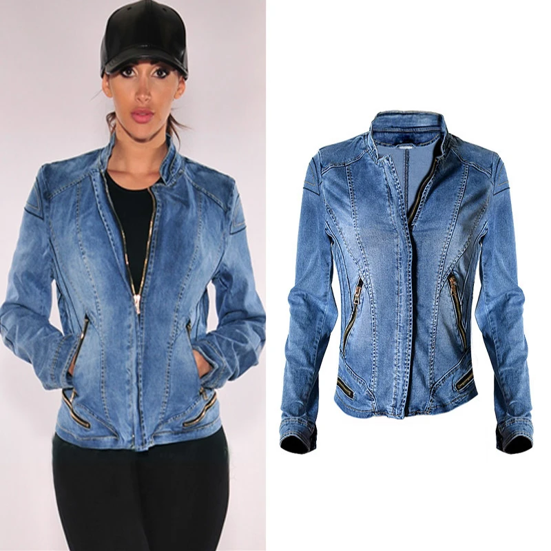 2017 New Hot Sale Popular Women Baseball Jackets Stretch Denim Jacket Multi-zipper Short Motor Style Chaqueta Female Denim Coats (2)