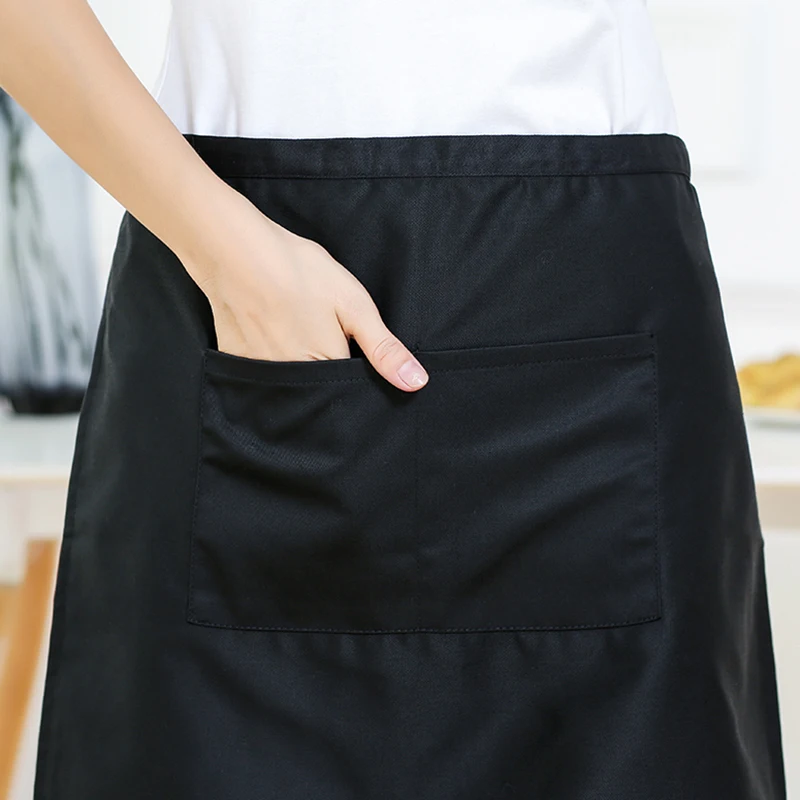 Black Half Apron Restaurant Waitress Chef Apron Short Waist Bar Household Cleaning Apron 2/3Pockets Bow Tie Craft