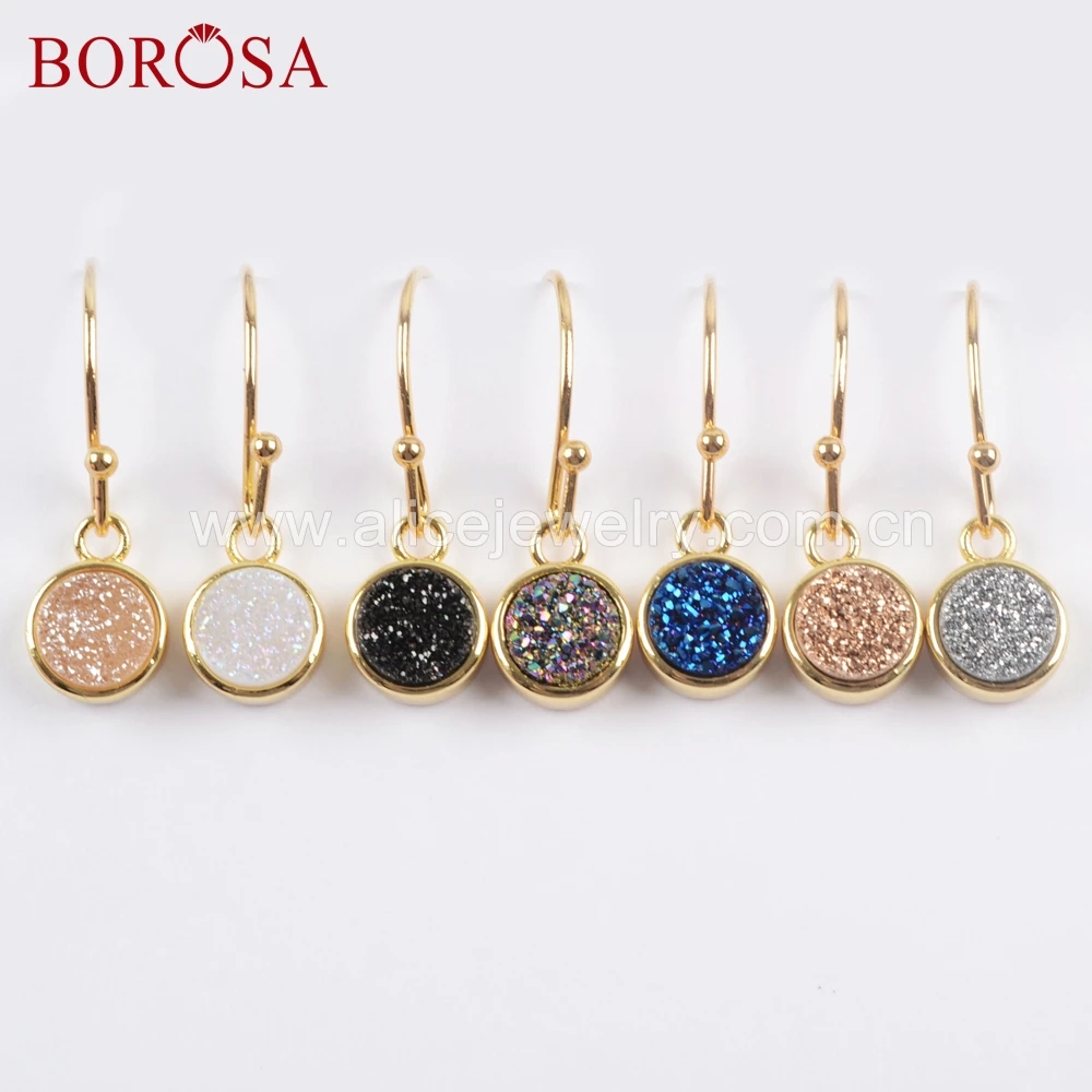 

BOROSA 5Pairs 9mm Round Gold Color Natural Agates Titanium Rainbow Druzy Dangle Earring Fashion Style for Girls ZG0357-E