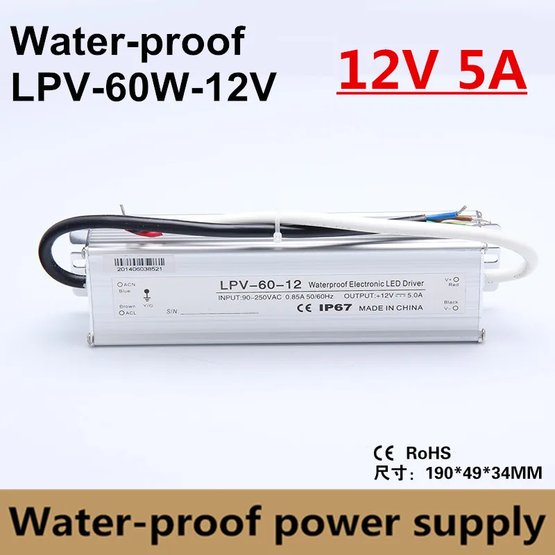 DC 12V 5A 60W 90V-260V transformer Aluminum case IP67 Waterproof LED driver Power Supply Adatper for LED Strip Lights lpv-60-12
DC 12V 5A 60W 90V-260V transformer Aluminum case IP67 Waterproof LED driver Power Supply Adatper for LED Strip Lights lpv-60-12