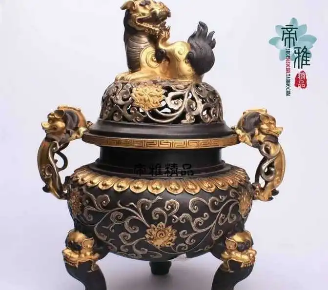 China Royal Copper 24K Gold Gild Silver-gilt Foo Dog Lion Incense Burner Censer
China Royal Copper 24K Gold Gild Silver-gilt Foo Dog Lion Incense Burner Censer