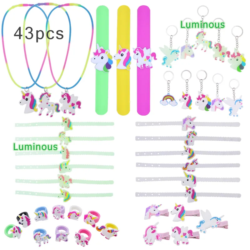 43pcs Jewelry girls accessories sets Slap Bracelets Rings Hairpin Keychain Key Charm Rainbow Unicorn Necklace Rubber Toys Party
43pcs Jewelry girls accessories sets Slap Bracelets Rings Hairpin Keychain Key Charm Rainbow Unicorn Necklace Rubber Toys Party