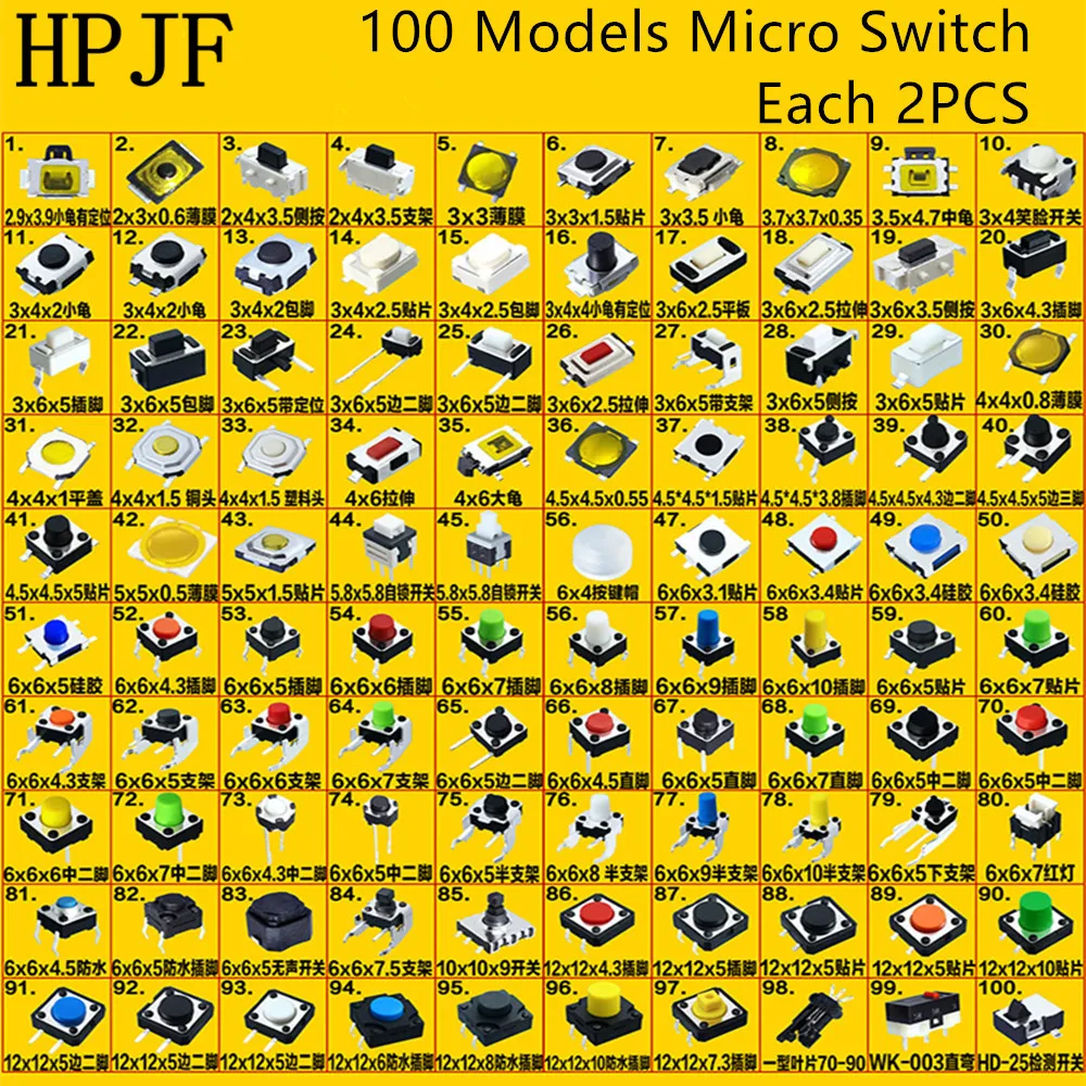 200pcs/lot 100 Models Micro Touch ON/Off Switch Sets Push Button Switch Kit Tactile Tact Push Button Micro Switch Self Reset
200pcs/lot 100 Models Micro Touch ON/Off Switch Sets Push Button Switch Kit Tactile Tact Push Button Micro Switch Self Reset
